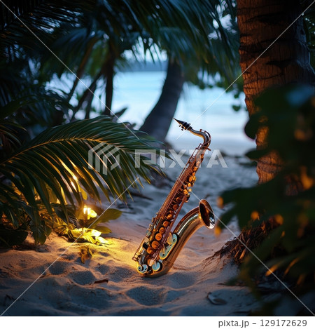 Golden Saxophone Resting on Sandy Beach Near Tropical Palm Trees 129172629
