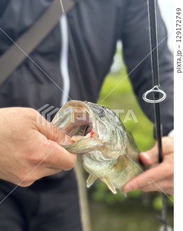 趣味の釣りで魚を釣った男性 顔無し 趣味の釣りで魚を釣った男性 顔無し 129172749