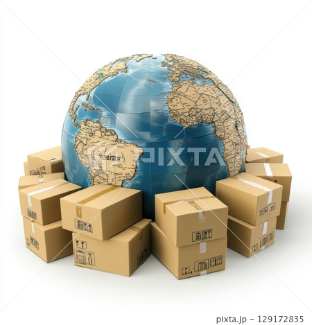 Global Shipping Concept with Earth and Delivery Boxes Surrounding It 129172835