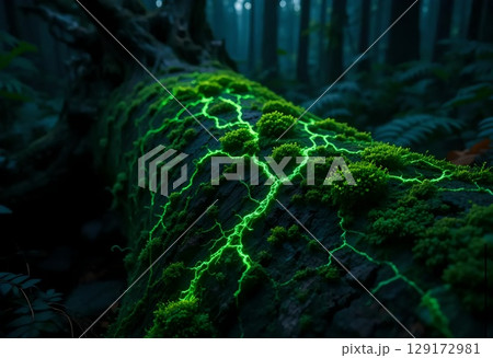 Bioluminescent Moss on a Decaying Log in a Dark Forest 129172981