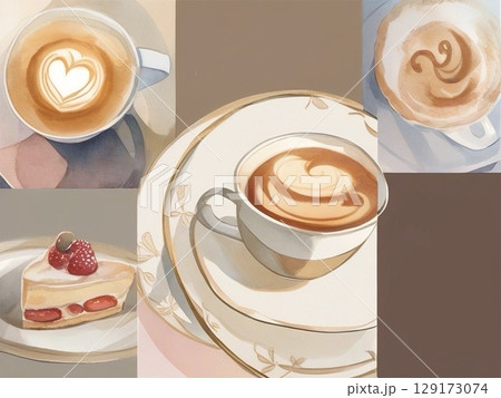 水彩で描いたコーヒーとスイーツのイラスト18 129173074