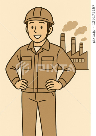 作業着を着た男性が腰に手を当てている 129173167
