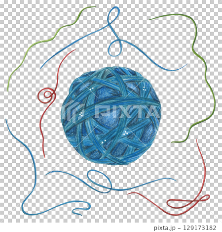 A blue ball of thread surrounded by threads. Watercolor illustration hand drawn cartoon. Drawing for blanks, stickers, scrapbooking. Threads, knitting, wool, queens, cat 129173182
