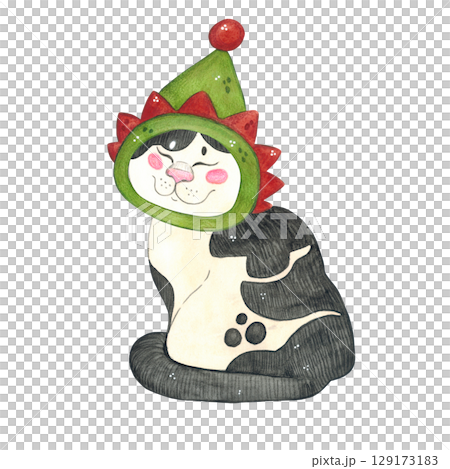 Cat black and white in a Christmas elf hat, Santa's assistant. Watercolor illustration hand drawn, cartoon. Drawing for stickers, cards, scrapbooking. Cat, pet, toy, costume, hat, masque 129173183