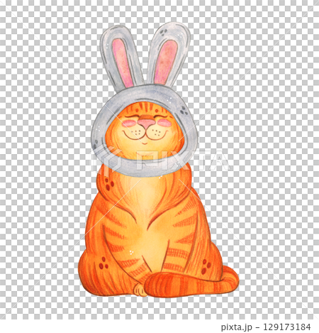 Cat red in a hat and a hare. Watercolor illustration hand drawn, cartoon. Drawing for stickers, cards, scrapbooking. Cat, pet, toy, costume, hat, masquerade, party, fun, pet  129173184