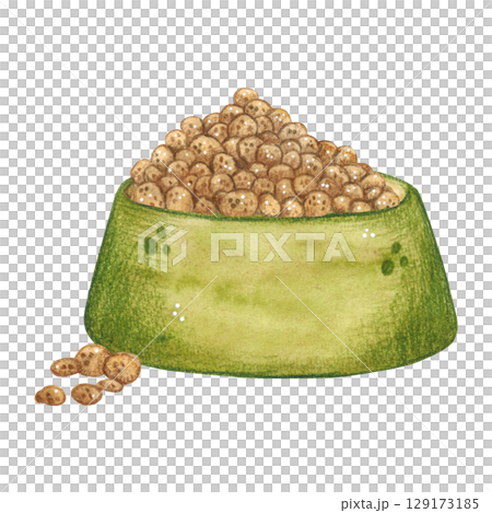 Green cup with pet food. Watercolor illustration hand drawn, cartoon. Drawing for stickers, cards, posters. Food, cat, dog, food, nutrition, cup, green, bowl, treat 129173185