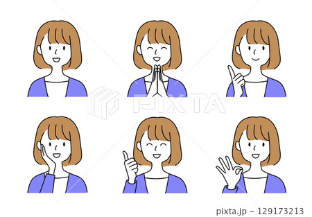さまざまなジェスチャーでポジティブな感情を表現するセミロングの女性セットイラスト 129173213