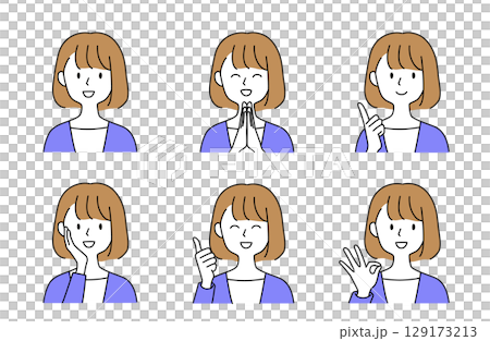 さまざまなジェスチャーでポジティブな感情を表現するセミロングの女性セットイラスト 129173213