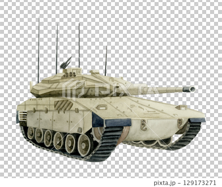 Merkava Mark IV tank realistic hand drawn watercolor illustration isolated on white in dusty camouflage colors. Israeli military machine of IDF clip art with armored vehicle 129173271