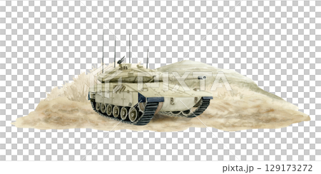 Israel Tank Merkava Mark IV in desert sand hand drawn watercolor illustration isolated on white in dusty camouflage colors. Israeli military machine of IDF clip art Israel Tank Merkava Mark IV in desert sand hand drawn watercolor illustration isolated on white in dusty camouflage colors. Israeli military machine of IDF clip art 129173272