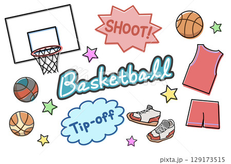 カラフルなバスケットボールの手書き風セットイラスト カラフルなバスケットボールの手書き風セットイラスト 129173515
