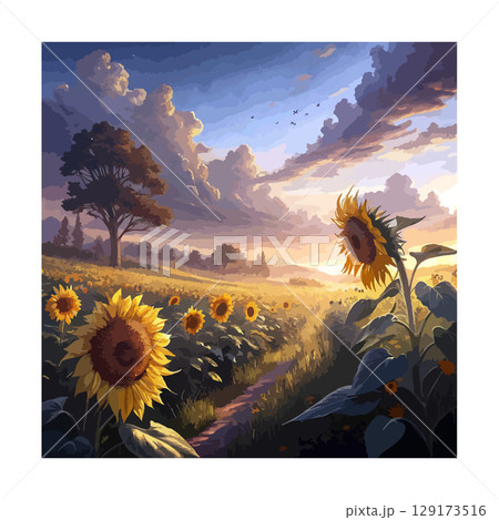夏の早朝にに一面に広がるひまわり畑 129173516