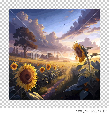 夏の早朝にに一面に広がるひまわり畑 129173516