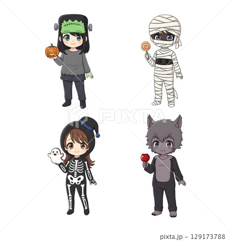 A cute child in a anime-style cartoon Halloween costume, happy for Halloween. Transparent background. 129173788