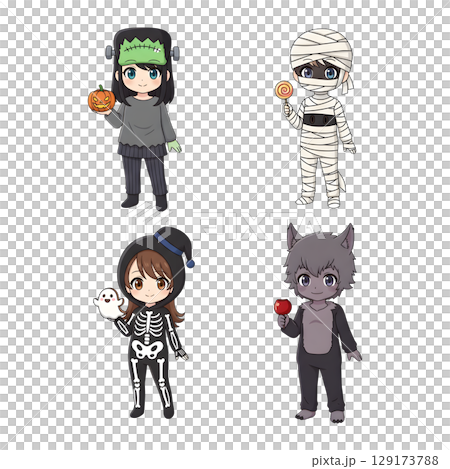 A cute child in a anime-style cartoon Halloween costume, happy for Halloween. Transparent background. 129173788