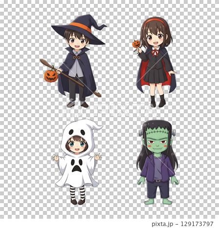 A cute child in a anime-style cartoon Halloween costume, happy for Halloween. Transparent background. 129173797