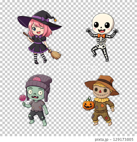 A cute child in a anime-style cartoon Halloween costume, happy for Halloween. Transparent background. 129173805