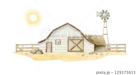 Fall farm barn landscape with windmill and wooden fence on sand ground with rocks watercolor isolated illustration. Hand drawn rural farmhouse horizontal clip art for autumn village designs 129173813