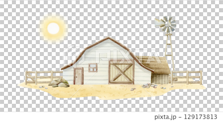 Fall farm barn landscape with windmill and wooden fence on sand ground with rocks watercolor isolated illustration. Hand drawn rural farmhouse horizontal clip art for autumn village designs 129173813