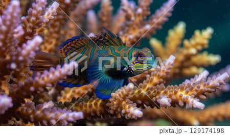 Vibrant Mandarin Fish Swimming Among Coral Reef in Tropical Ocean Vibrant Mandarin Fish Swimming Among Coral Reef in Tropical Ocean 129174198