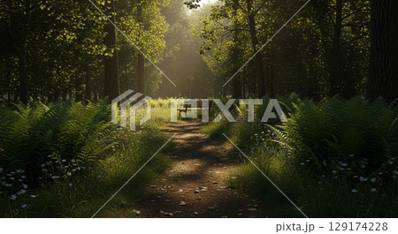 Peaceful forest path with wooden bench in dappled sunlight 129174228