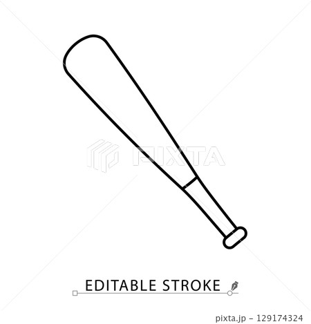 A baseball bat icon in minimalist style with editable stroke. Sport equipment, wooden bat, hitting tool, outdoor game, athletic object, match element, training gear, classic shape, outline graphic. 129174324