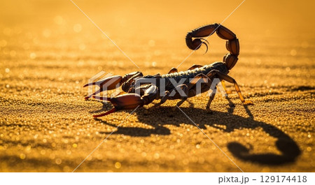 Desert Scorpion on Golden Sand at Sunset with Dramatic Lighting 129174418