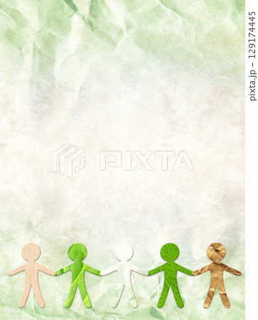 Vertical background with paper human figures from recycled paper and green leaf, holding hands together. Cutout paper people. Eco-friendly, Ecology, go green, environmental, unity, teamwork concept 129174445