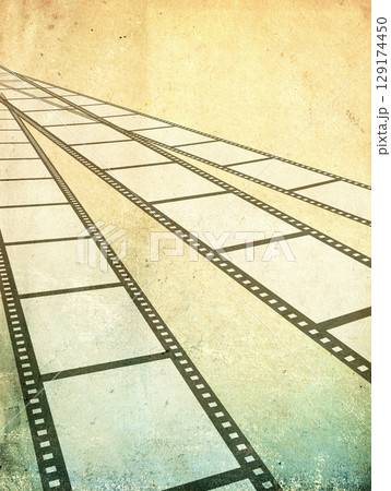 Grunge background with old paper texture and retro filmstrip frame. Horizontal or vertical retro banner with film reel. Vintage backdrop with filmstrips. Copy space for text Grunge background with old paper texture and retro filmstrip frame. Horizontal or vertical retro banner with film reel. Vintage backdrop with filmstrips. Copy space for text 129174450