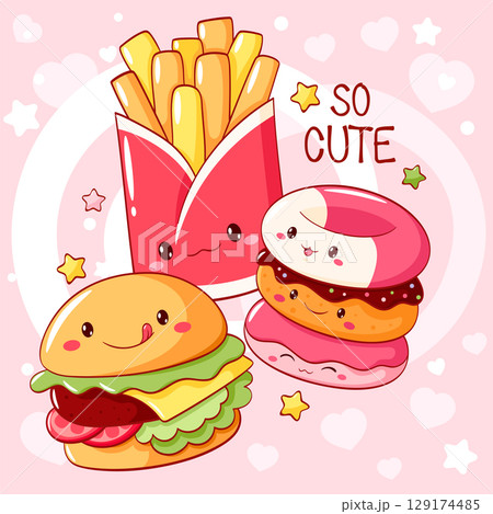 Best friends forever. Collection of cute fast food items characters. Burger, french fries, donuts in kawaii style. Can be used for t-shirt print, sticker, greeting card. Vector illustration EPS8 Best friends forever. Collection of cute fast food items characters. Burger, french fries, donuts in kawaii style. Can be used for t-shirt print, sticker, greeting card. Vector illustration EPS8 129174485