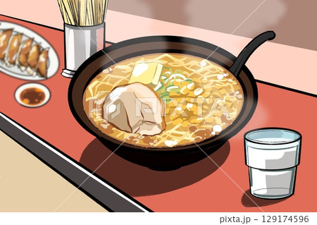 味噌ラーメンのイラスト 食事風景 味噌ラーメンのイラスト 食事風景 129174596