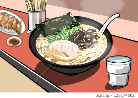 豚骨ラーメンのイラスト　食事風景 129174602