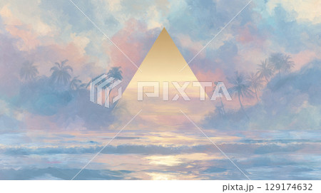 Yellow triangle hovering above pastel ocean, with palm-shaped hills in background 129174632