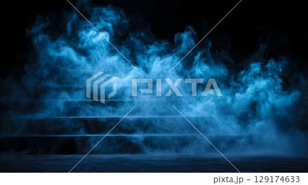 surreal magic fog, light blue smoke forming floating stairs in black void 129174633