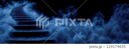 surreal magic fog, light blue smoke forming floating stairs in black void 129174635