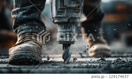 Worker operating jackhammer on concrete floor, dynamic pose 129174637