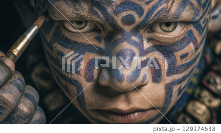 young boy painting his face with sacred patterns before the festival Inti Raymi 129174638