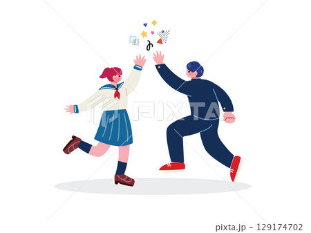 ハイタッチする高校生の男女 129174702