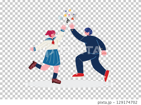 ハイタッチする高校生の男女 129174702