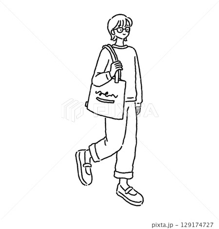 メガネをかけたカジュアルでおしゃれな女性　線画 129174727