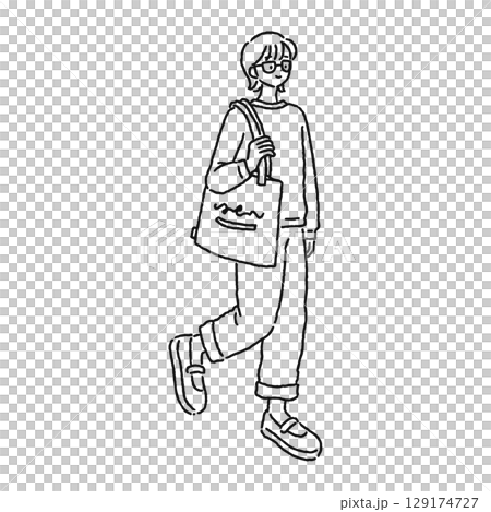 メガネをかけたカジュアルでおしゃれな女性　線画 129174727