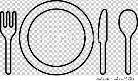 ナイフとフォークとスプーンのカトラリーセット線画皿 ナイフとフォークとスプーンのカトラリーセット線画皿 129174788