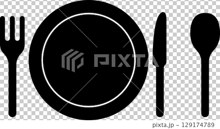 Knife, fork and spoon cutlery set with plate 129174789