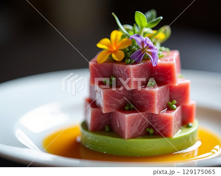 Artistic Raw Tuna Tartare Stack with Avocado and Edible Flower Plating 129175065