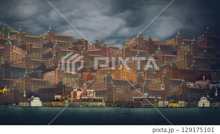 Collage with city buildings and the sea in the foreground Collage with city buildings and the sea in the foreground 129175101