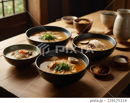 居酒屋で並ぶおいしそうな和食と酒 129175114