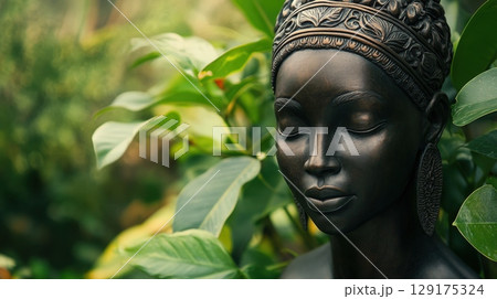 Dark Skinned Statue of a Serene Black Woman Adorned with an Intricate Turban Against Jungle Background 129175324