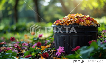 A bucket of organic compost in a vibrant garden with blooming flowers, promoting sustainable gardening practices 129175353