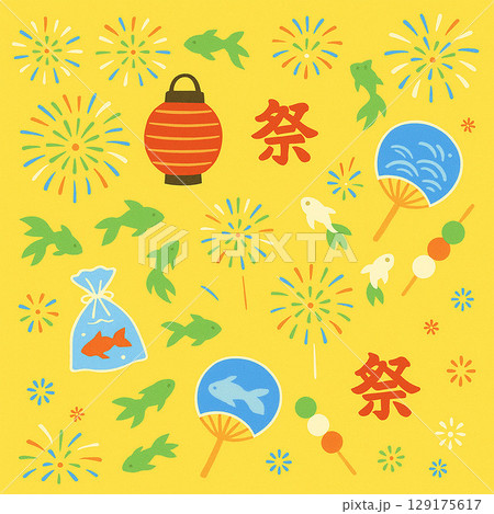 夏祭りテキスタイル　黄色 129175617