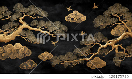 松と雲の和風背景 129175730